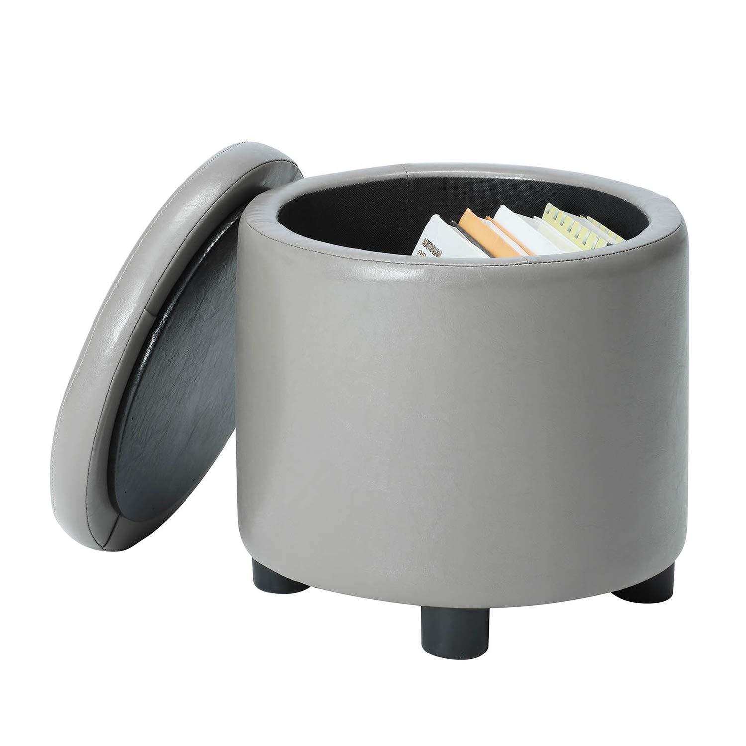 Designs4Comfort Round Accent Storage Ottoman with Reversible Tray Lid, Taupe Gray Faux Leather