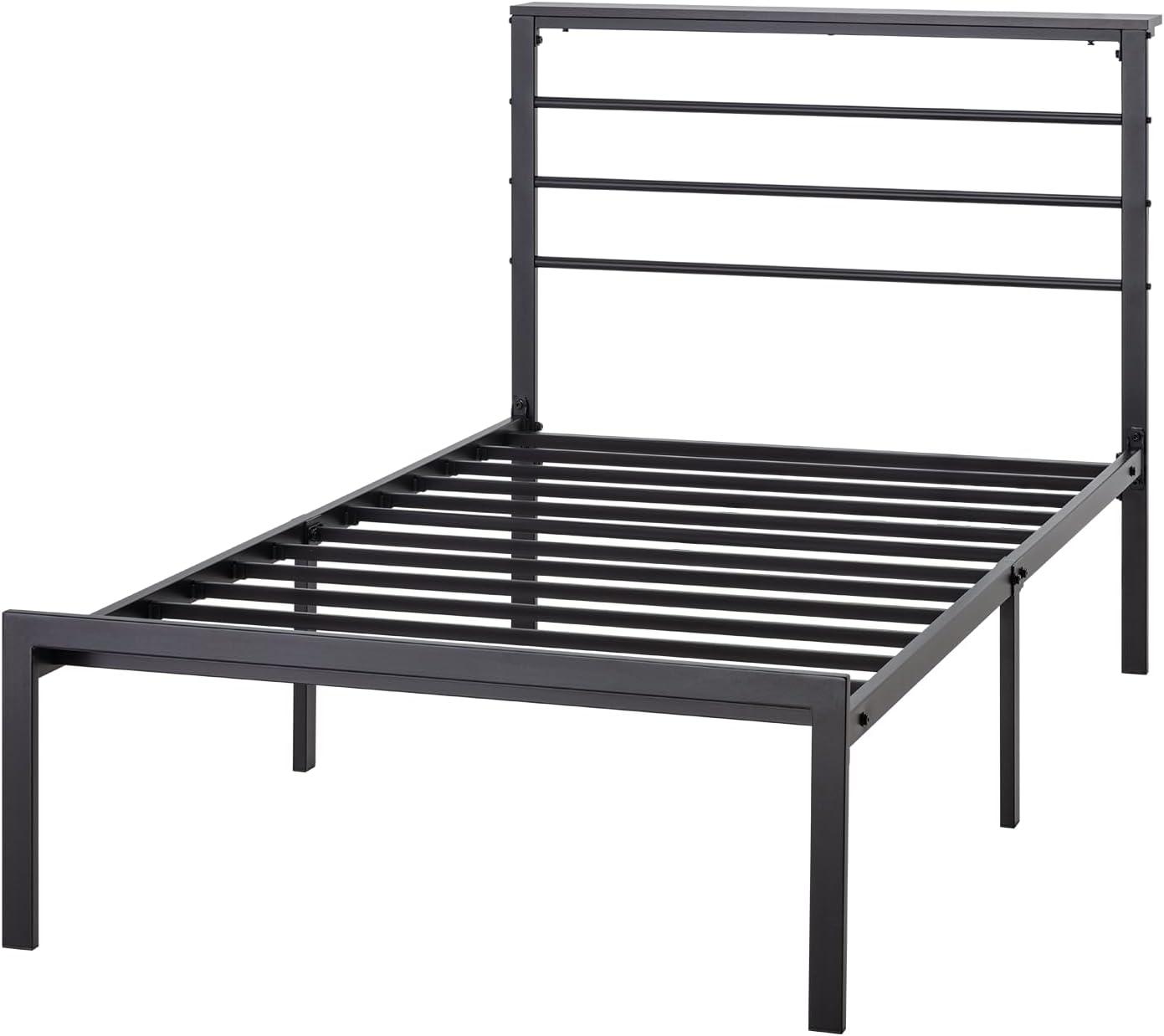 Black Metal Twin Bed Frame with Headboard Shelf and Slats