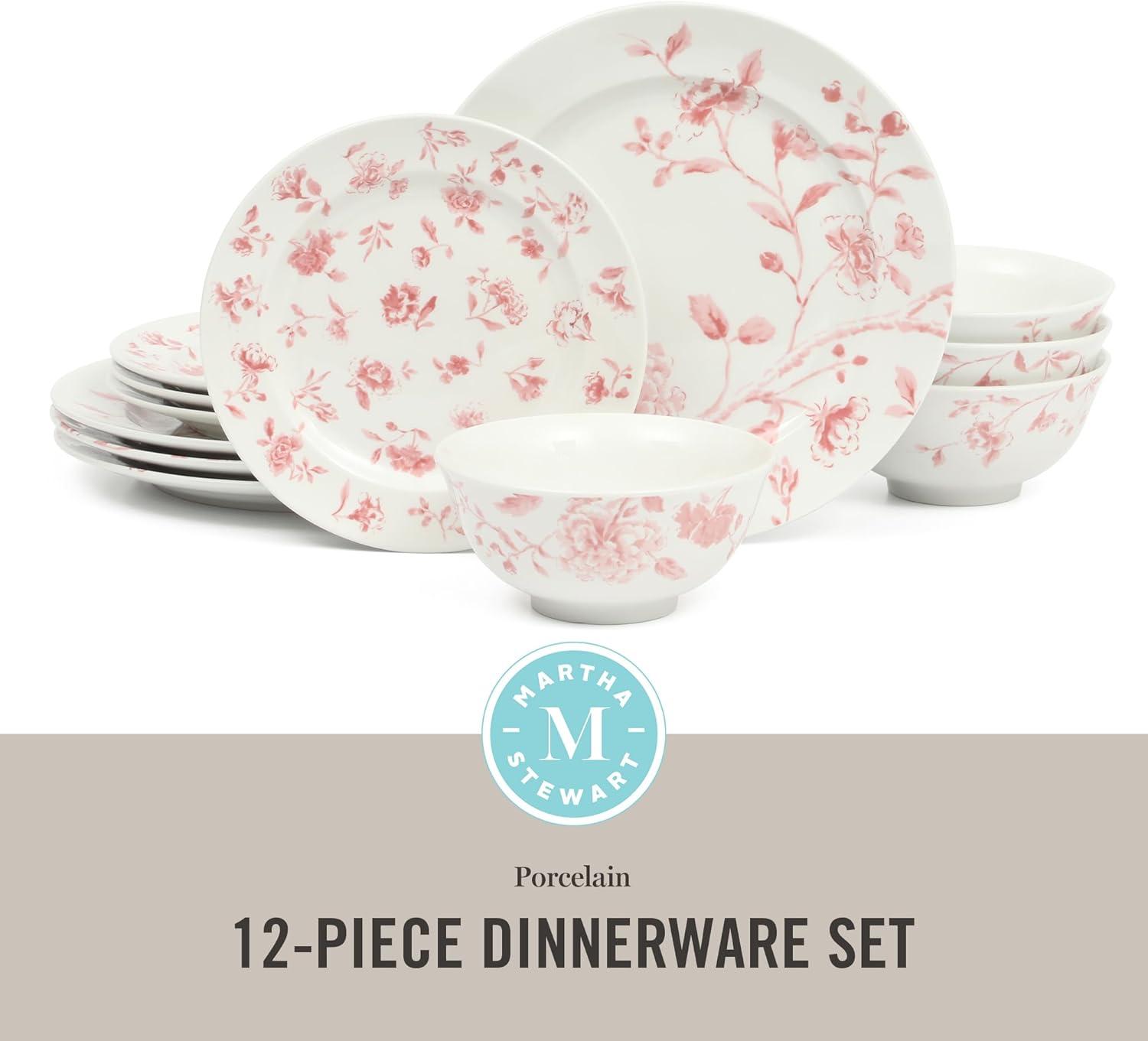 Pink Floral Porcelain Dinnerware Set, Service for 4