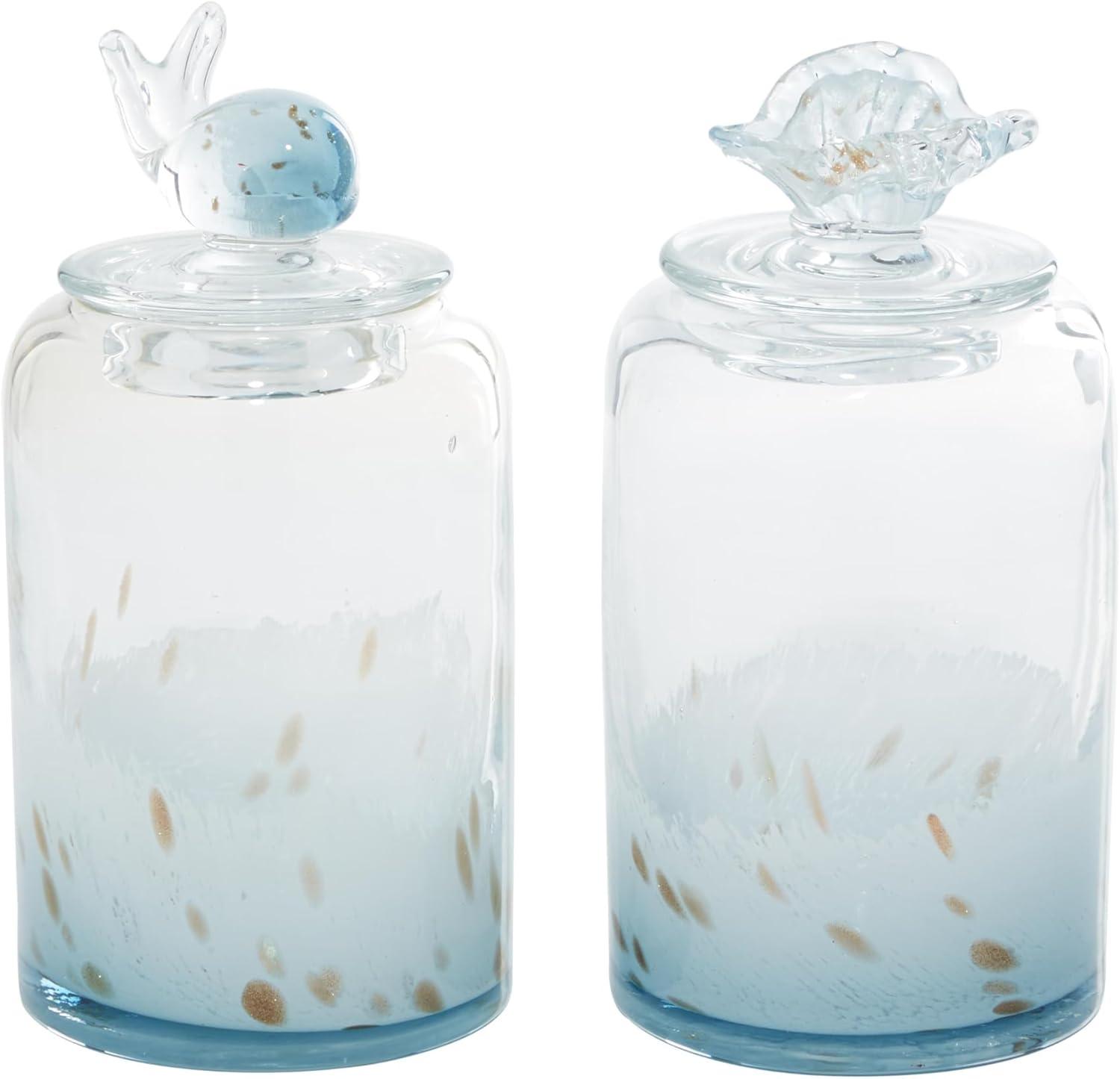 Blue Glass Whale and Seashell Decorative Jars, Set of 2