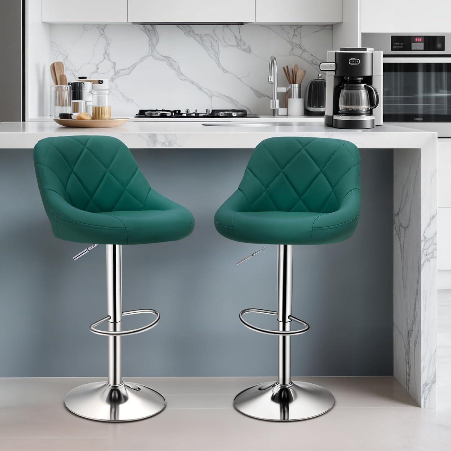 Bar Stools Set of 2, Adjustable Counter Height Swivel Barstools, Modern Dining Chairs Bar Pub High Stool with Back for Kitchen Island, Teal Green