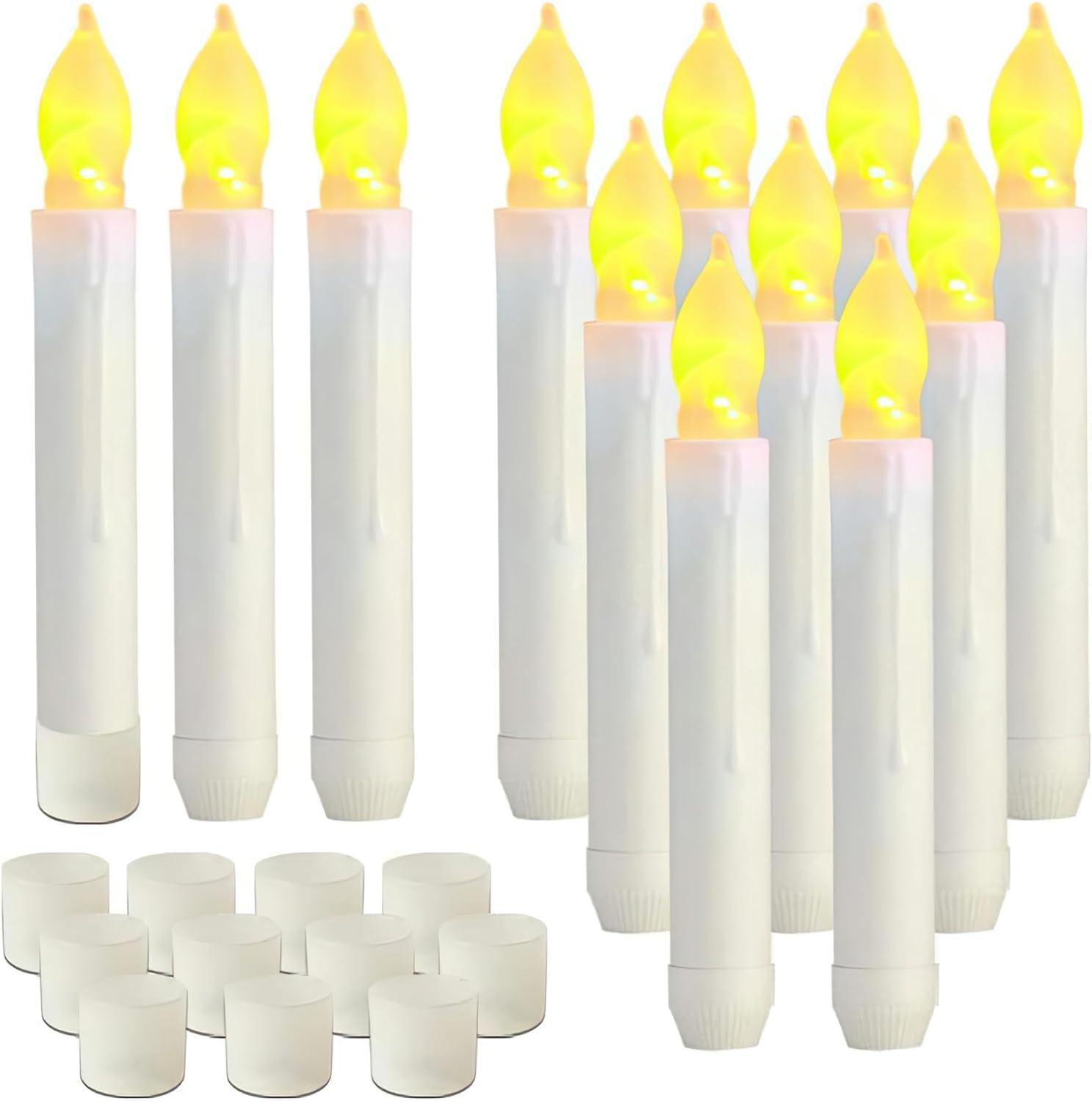NEWEEN Set of 24 Flamelesss LED Taper Candles with Warm White Flickering Flame Light, Battery Operated Floating Candles, LED Taper Handheld Candlesticks for Church Party Halloween Decorations