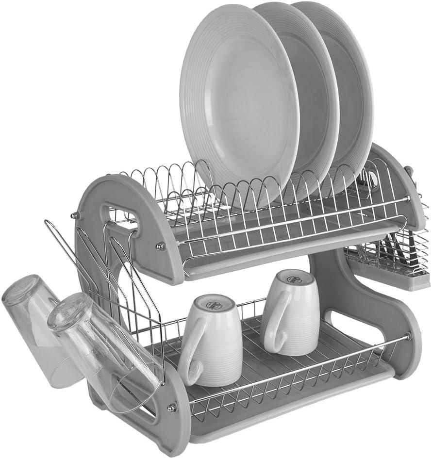 Home Basics S Shape 2-tier Dish Drainer, Grey