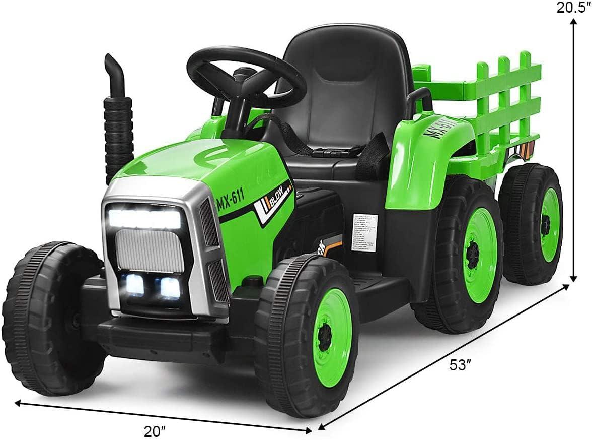 Green 12V Kids Ride-On Tractor with Trailer and Remote Control