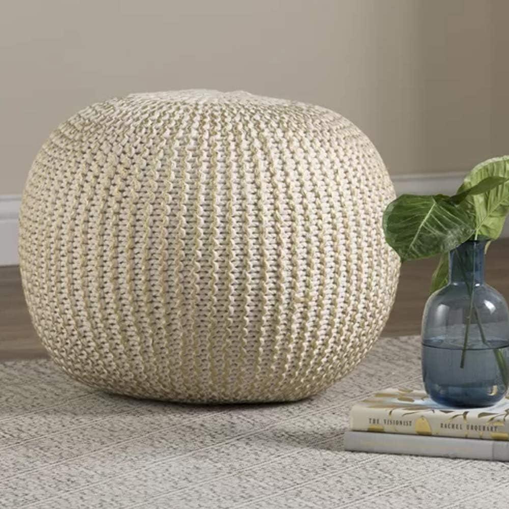 Ox Bay Caitlin Round Solid Print Hand Knitted Cotton Indoor Pouf, White