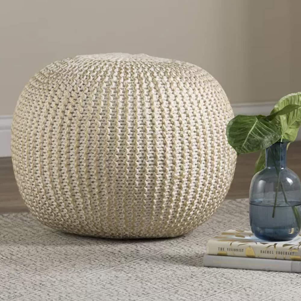 Ox Bay Caitlin Round Solid Print Hand Knitted Cotton Indoor Pouf, White