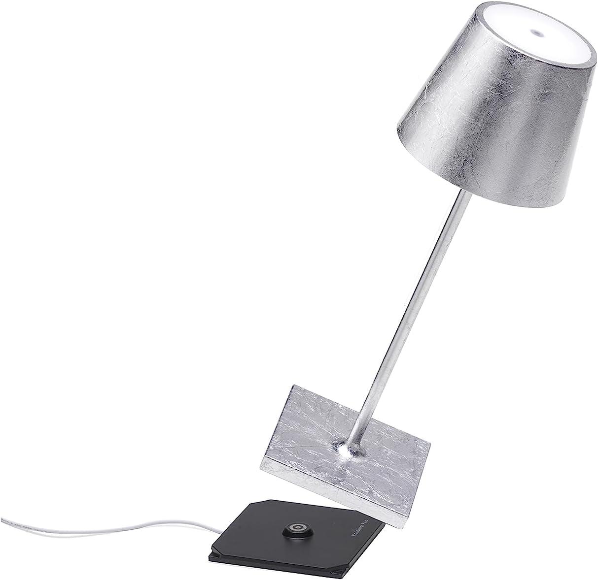 Zafferano, Poldina Pro Mini Lamp with Silver Leaf, Rechargeable Cordless Table Lamp with Touch Controls, Usable as an Indoor Lamp, Dimmer, 2200-3000 K, Height 11.8 Inches