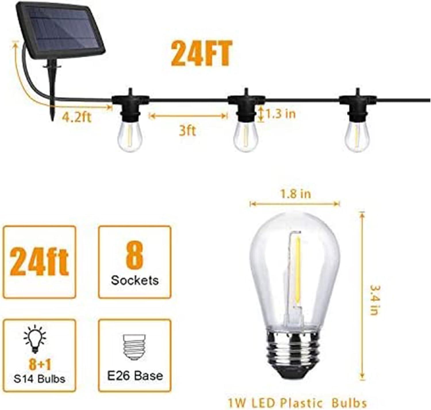 Banord LED 24 Foot Solar Powered String Lights with Vintage Style Waterproof, Shatterproof Plastic Bulbs for Exterior Decoration and Outdoor Use