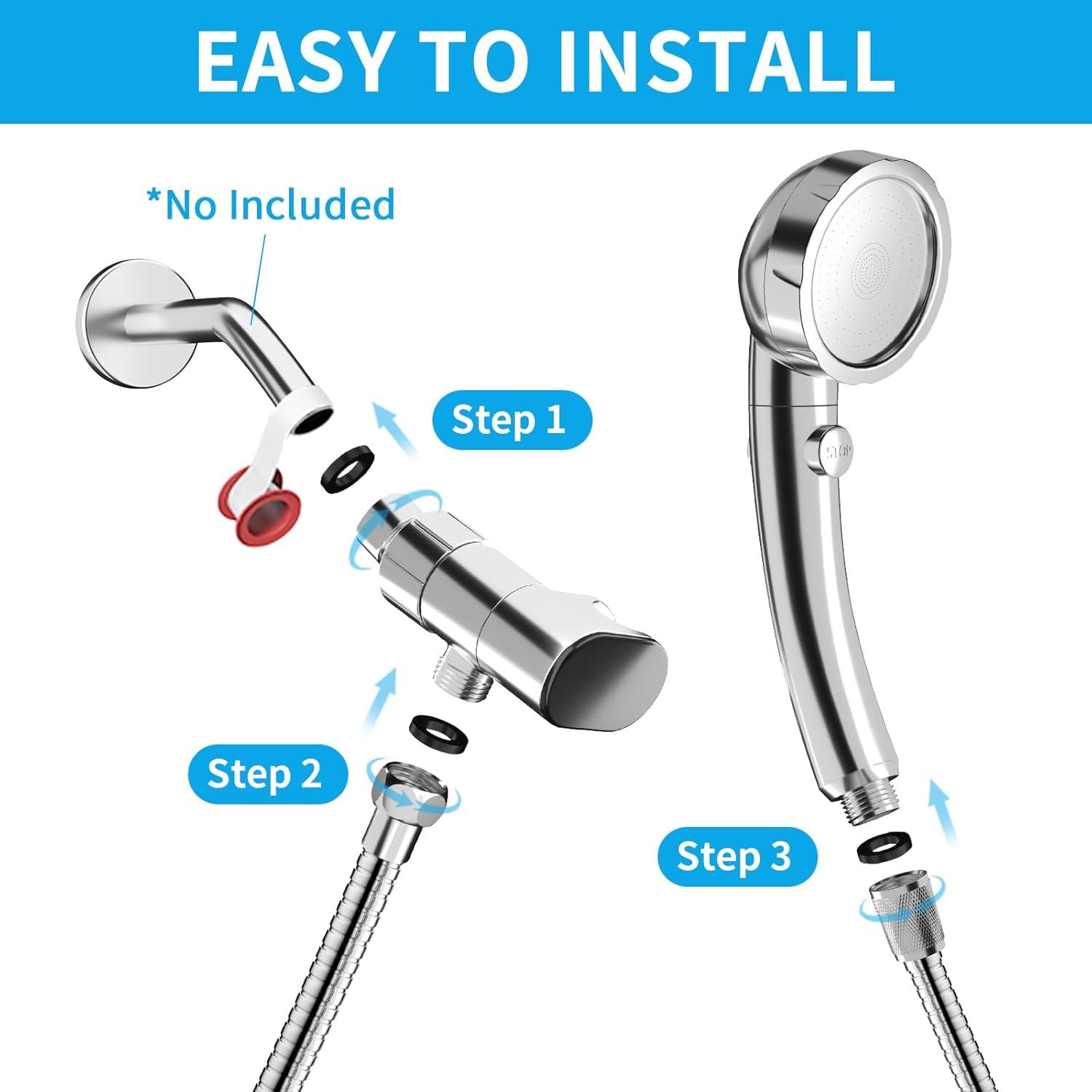 KAIYING Drill-Free High Pressure Handheld Shower Head with ONOFF Pause Switch 3 Spray Modes Water Saving Showerhead Detachable Puppy Shower Accessories (MShower Head (Chrome)+Bracket + Hose)