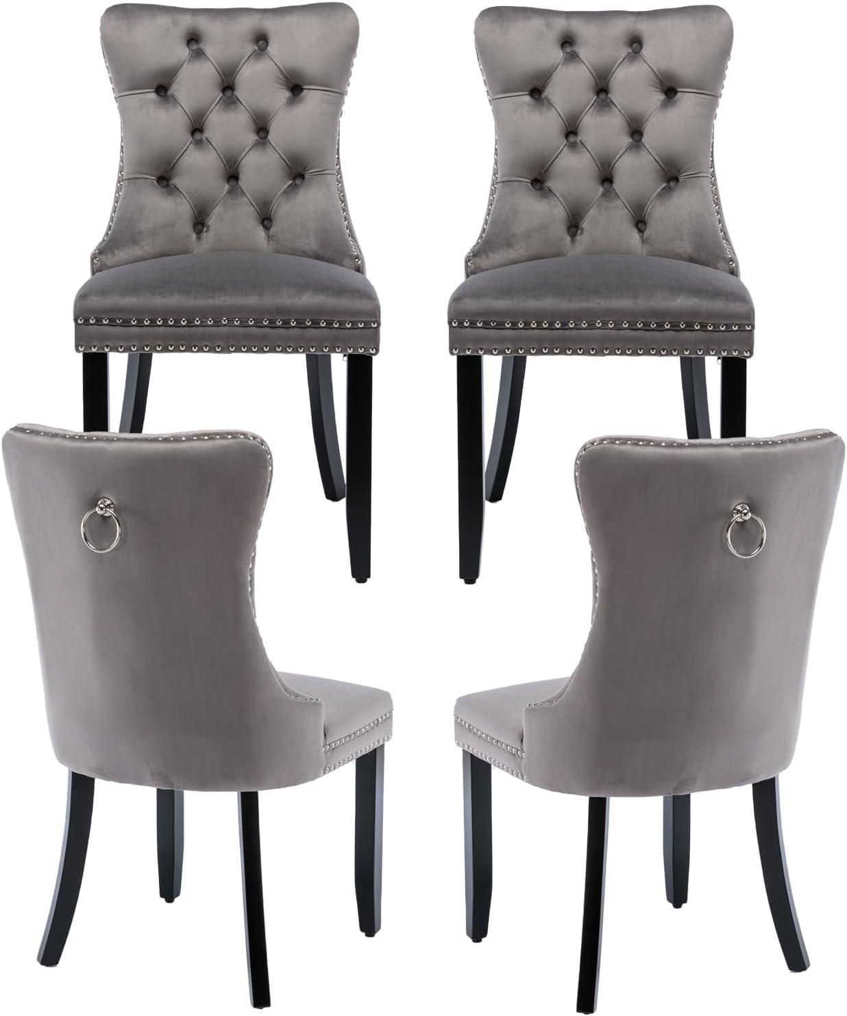 Modern Velvet Upholstered Dining Chairs with Back Button Nailhead Trim Accent Side Chairs with Wood Legs for Kitchen Dining Room(Gray,Set of 4)