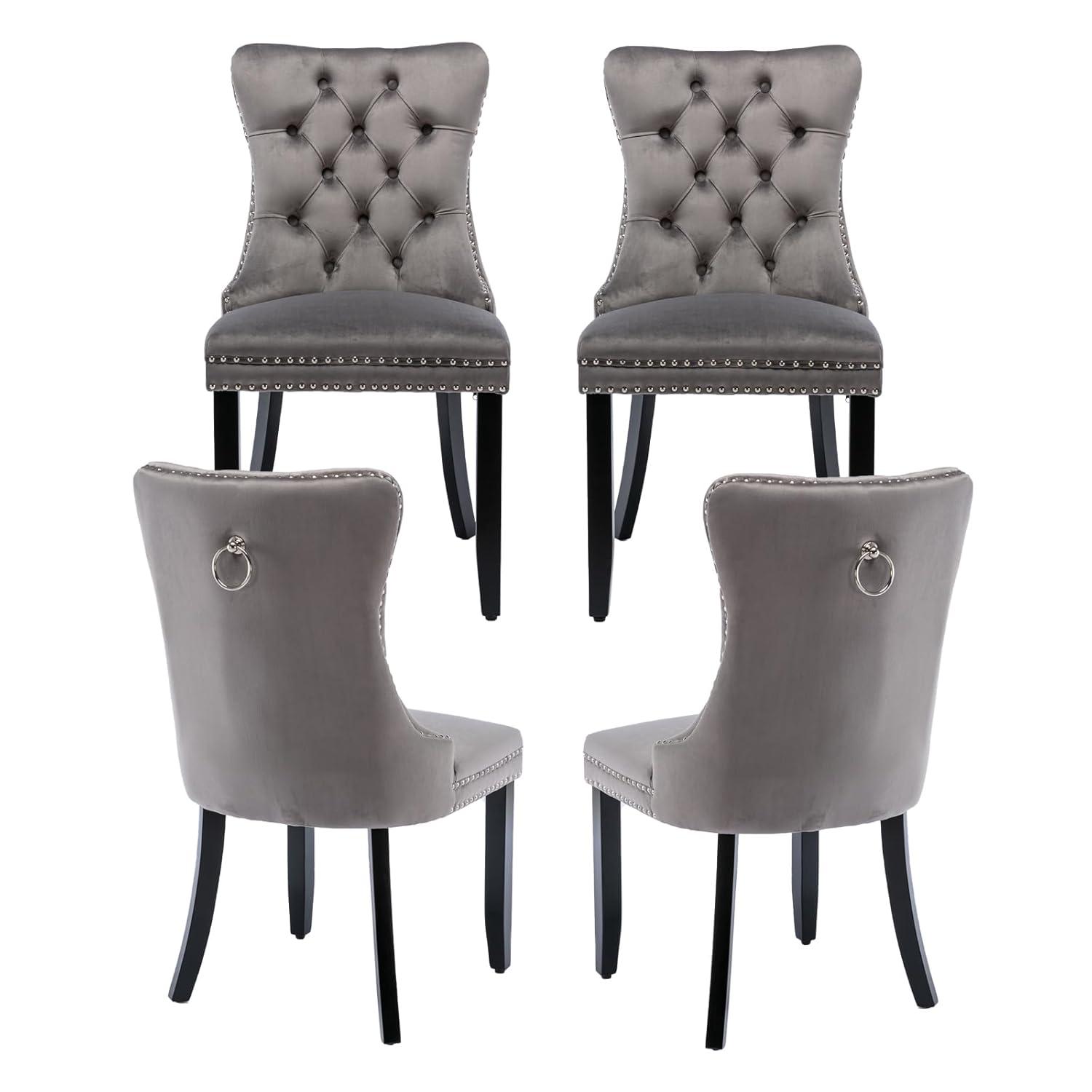 Modern Velvet Upholstered Dining Chairs with Back Button Nailhead Trim Accent Side Chairs with Wood Legs for Kitchen Dining Room(Gray,Set of 4)