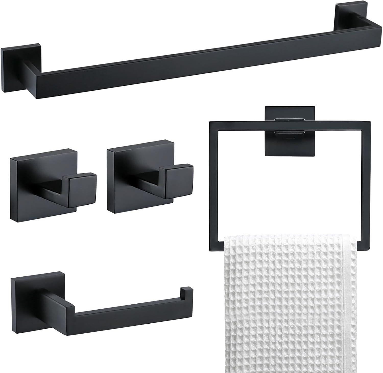 TURS Black Towel Bar Set Bathroom 5-Piece Bathroom Hardware Sets Towel Ring Toilet Paper Holder 2 Towel Hook Stainless Steel Wall Mounted Towel Holder Set