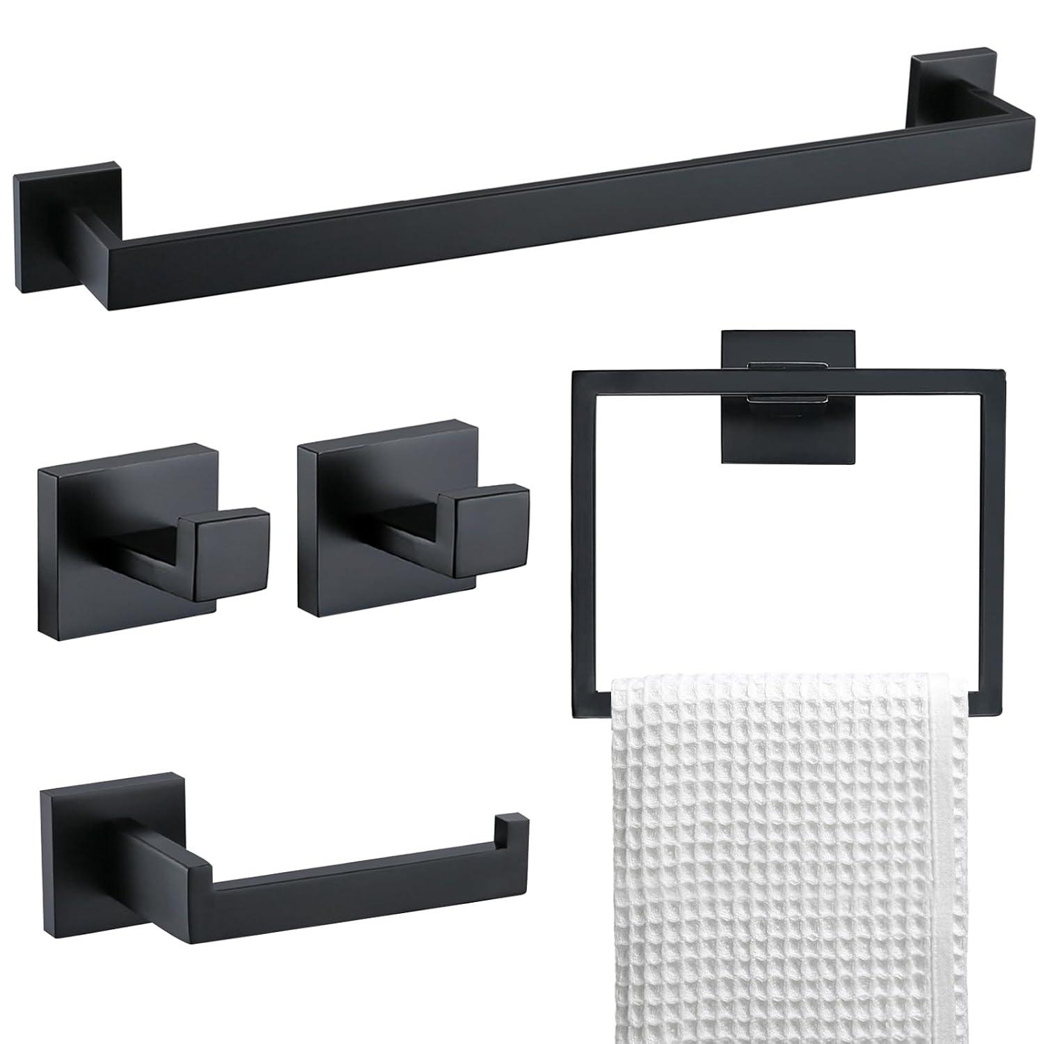 TURS Black Towel Bar Set Bathroom 5-Piece Bathroom Hardware Sets Towel Ring Toilet Paper Holder 2 Towel Hook Stainless Steel Wall Mounted Towel Holder Set