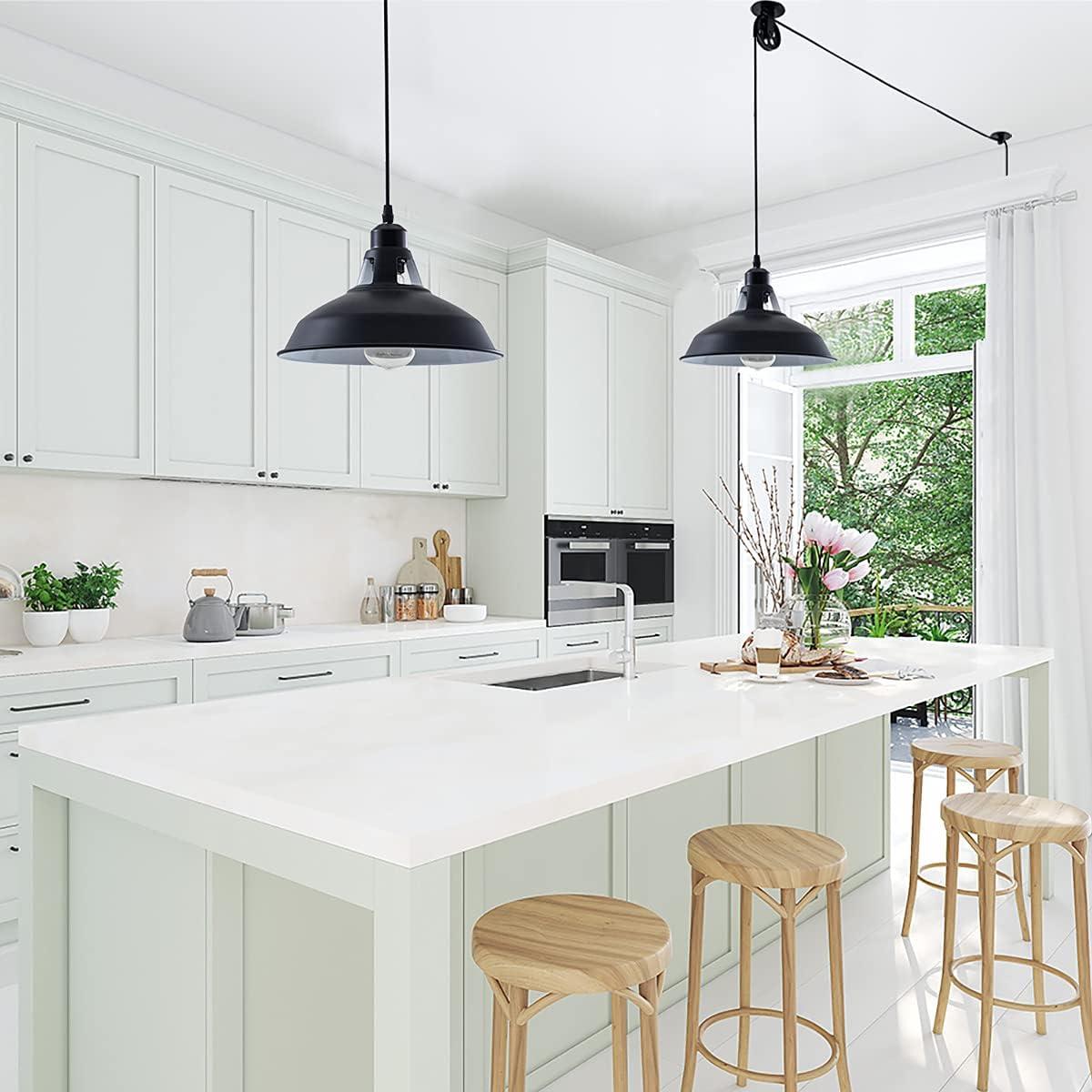 Plug in Pendant Light Industrial Pulley Pendant Lamp E26 Vintage Hanging Light Fixture With 16.4ft Cord On/Off Switch For Pool Table,Houseplant Grow lights,Kitchen Island,Sink 2 Pack Black