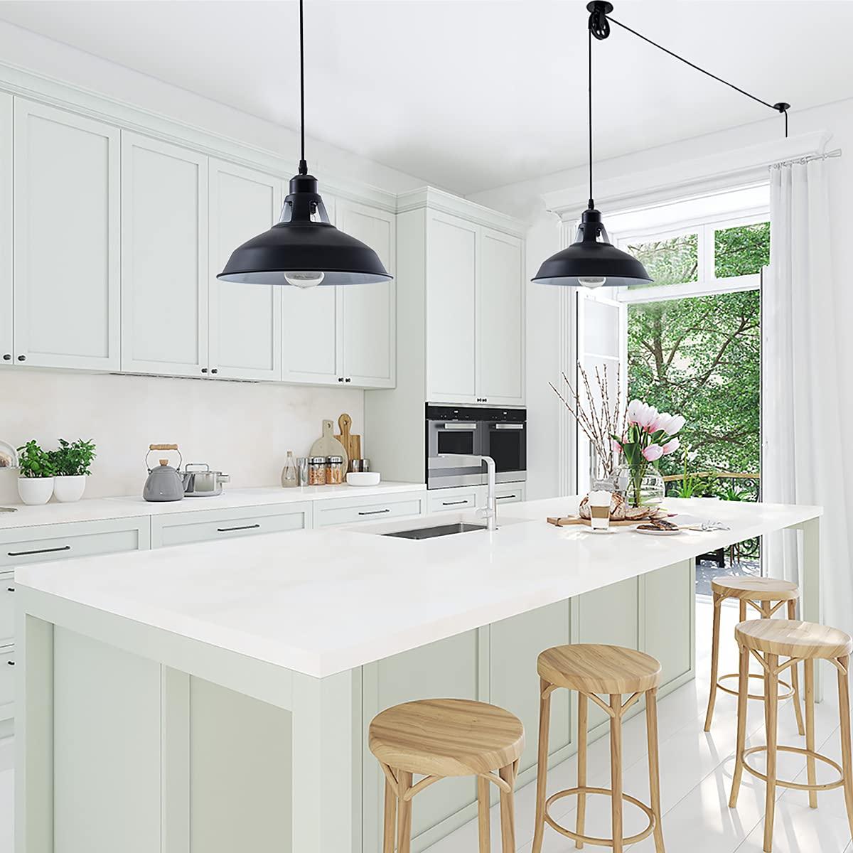 Plug in Pendant Light Industrial Pulley Pendant Lamp E26 Vintage Hanging Light Fixture With 16.4ft Cord On/Off Switch For Pool Table,Houseplant Grow lights,Kitchen Island,Sink 2 Pack Black