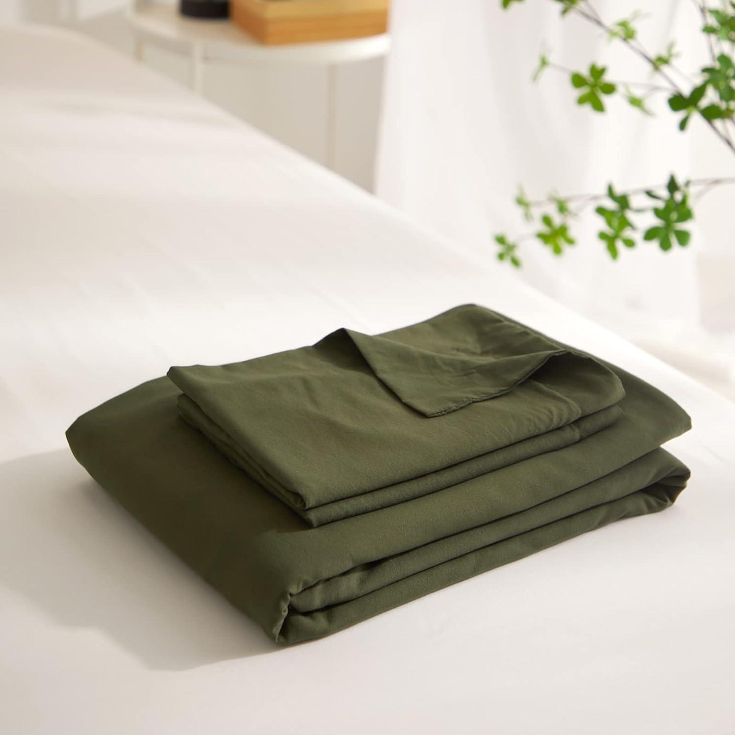 Olive Green 3-Piece Washed Cotton Queen Duvet Cover Set