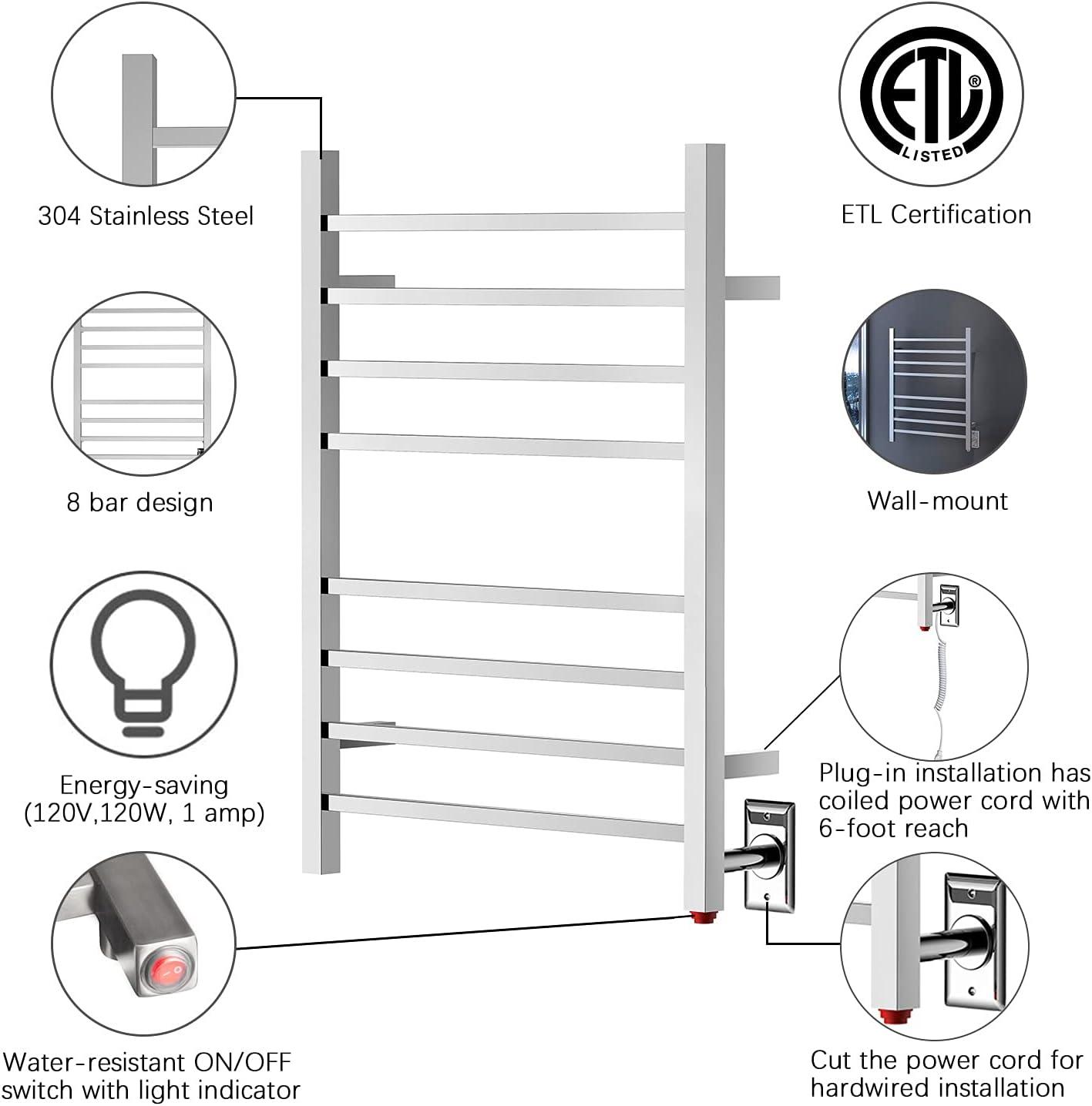 HEATGENE Towel Warmer, Heated Towel Warmer Rack, Wall-Mounted Hardwired/Plug-in Electric Towel Warmers for Bathroom, Hot Towel Rails - Brushed