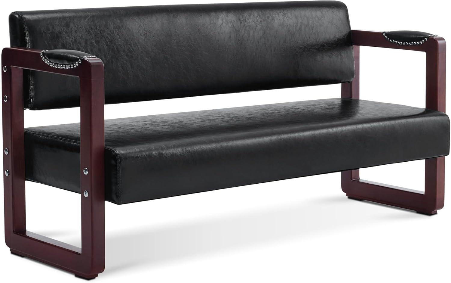 Black Faux Leather Bench with Rivets and Wooden Frame