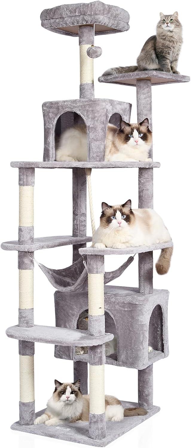 Light Grey 72" Cat Tower with Sisal Scratching Posts and Condos