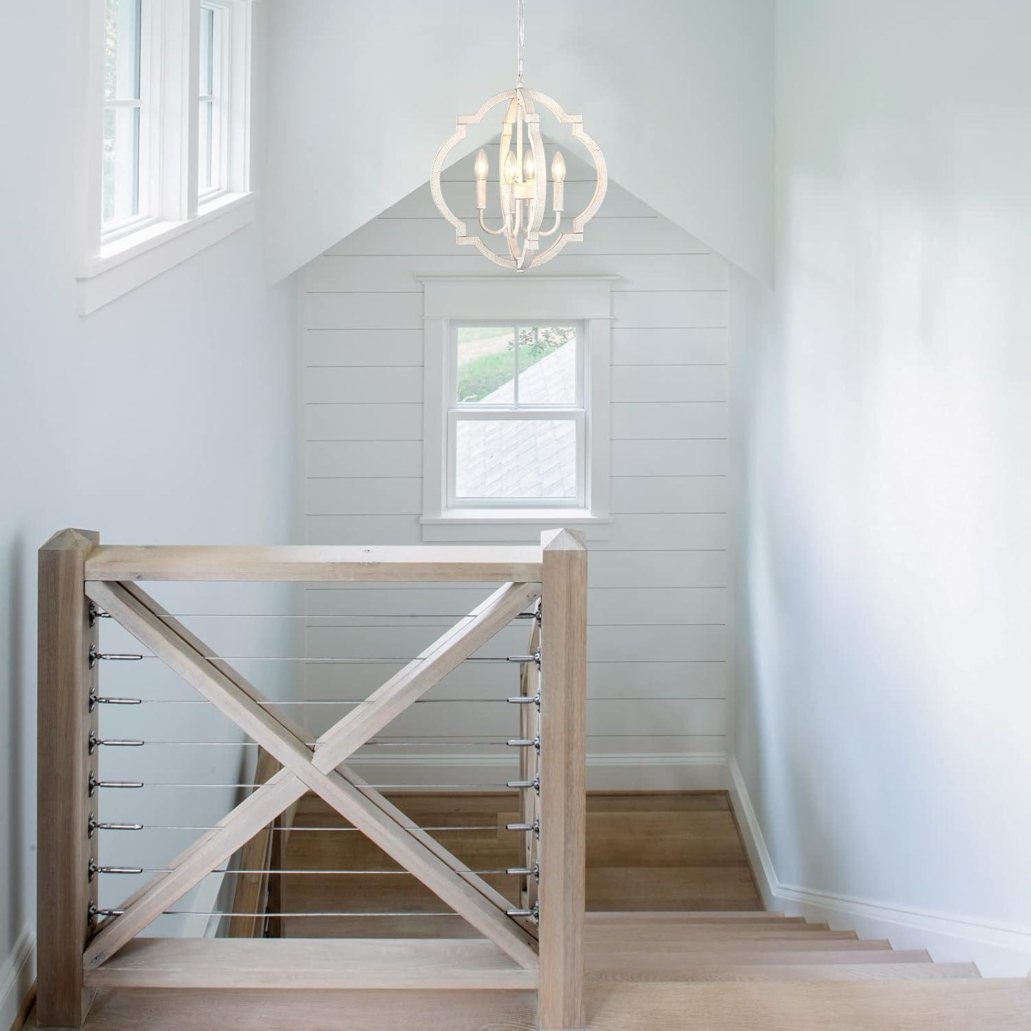 Farmhouse Chandelier Rustic Orb Chandeliers for Dining Room White Wooden Pendant Lighting 4 Light Small French Country Hanging Light Fixtures for Kitchen Island Living Room Bedroom Entryway