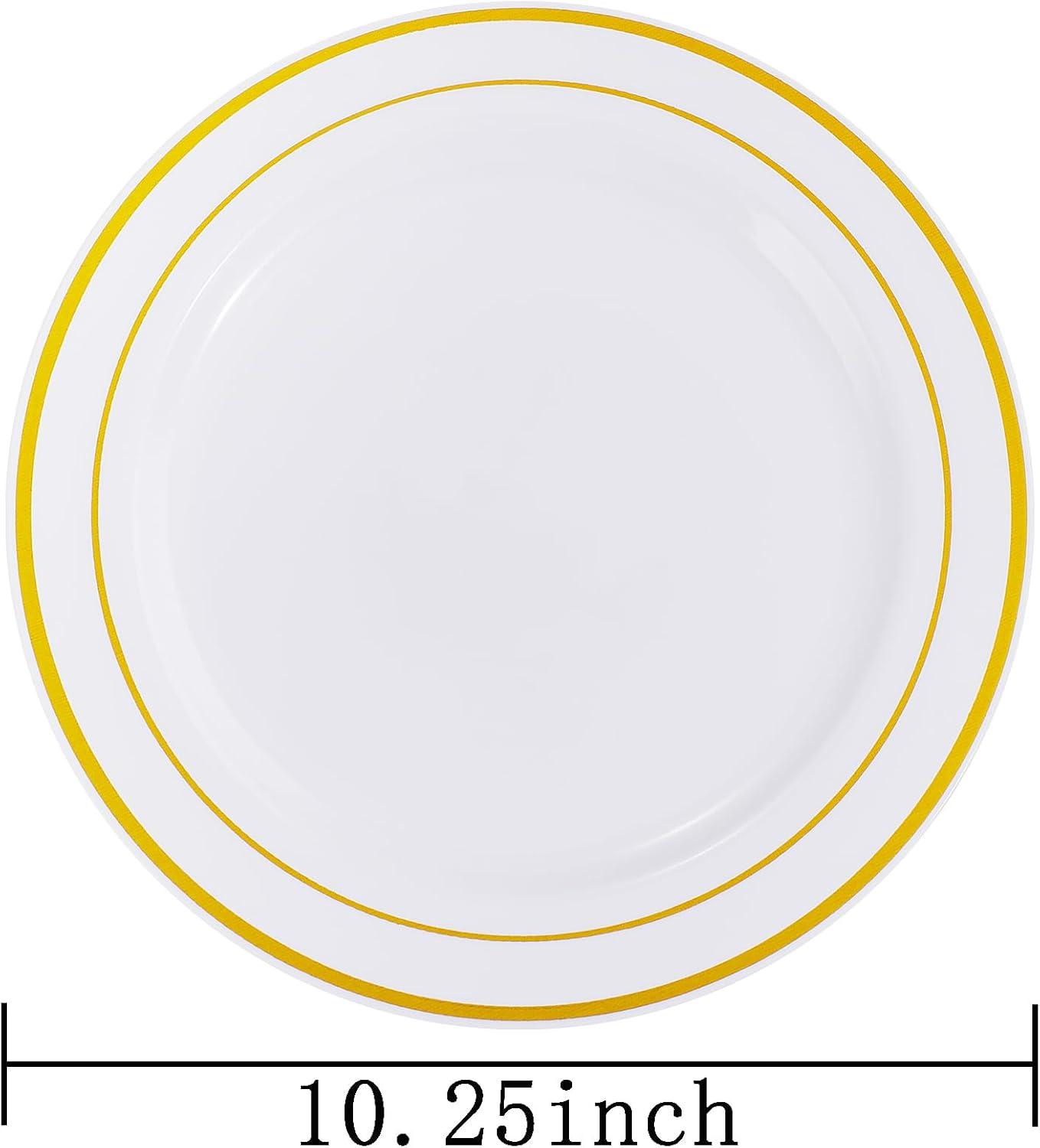 I00000 60pcs Plastic Gold Plates,10.25 inch Gold Rimmed Dinner Plates, White Disposable Plates, Parties or Wedding