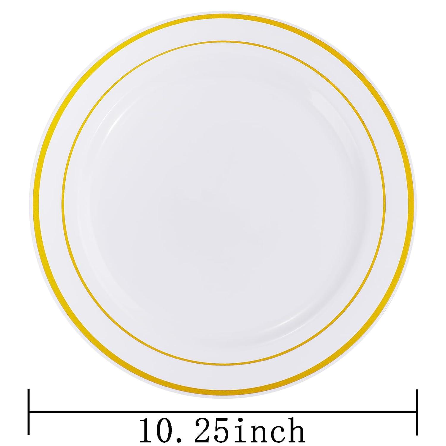 I00000 60pcs Plastic Gold Plates,10.25 inch Gold Rimmed Dinner Plates, White Disposable Plates, Parties or Wedding