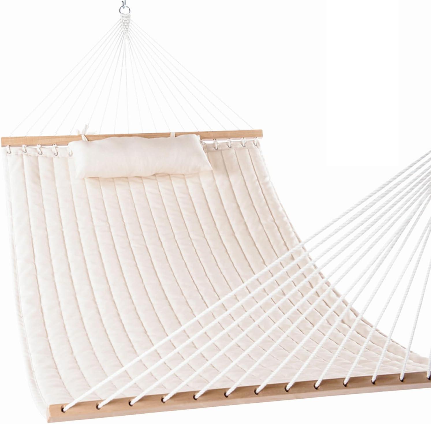 BINO Hammocks 12 FT Double Quilted Fabric Hammock With Spreader Bars And Detachable Pillow, 2 Person Hammock For Outdoor Patio Backyard Poolside, 450 LBS Weight Capacity, Natural