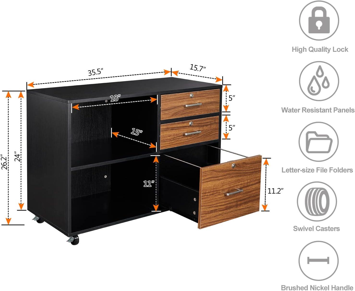 Black & Brown 3 Drawer File Cabinet with Lock, Wood Lateral File Cabinets for Home Office, Printer Stand with File Cabinet, Rolling File Cabinet with Open Shelves, Letter Filing Cabinet, 26" H