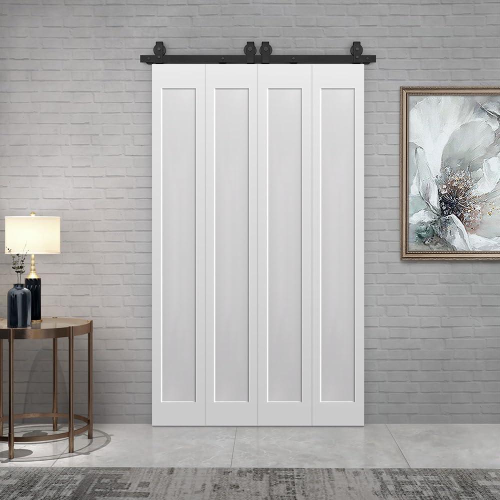 64 in. x 80 in. 1 Panel Shaker Hollow Core White Composite Double Bi-Fold Door with Barn Door Hardware Kit