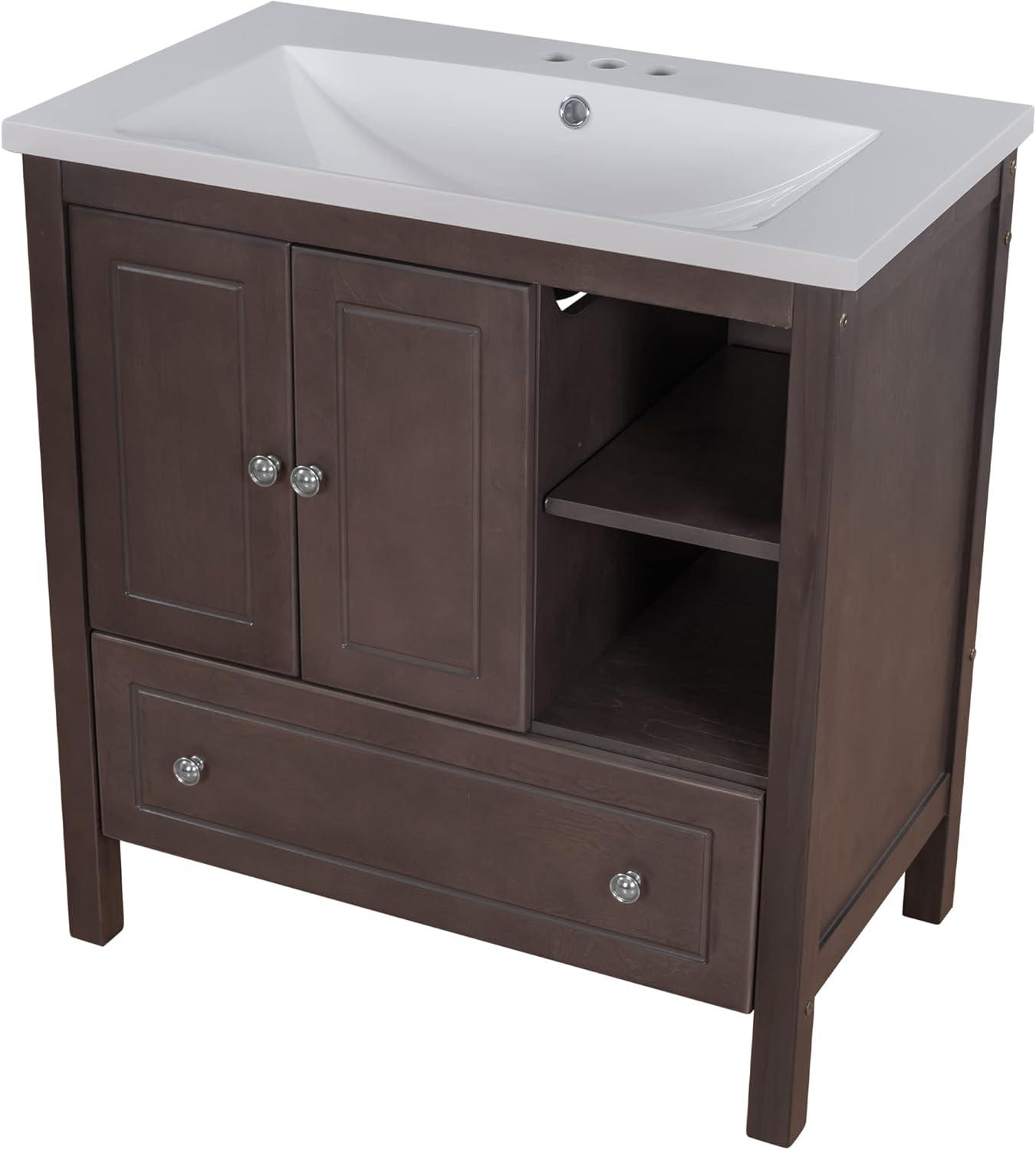 30" Brown Solid Wood Bathroom Vanity with Ceramic Sink