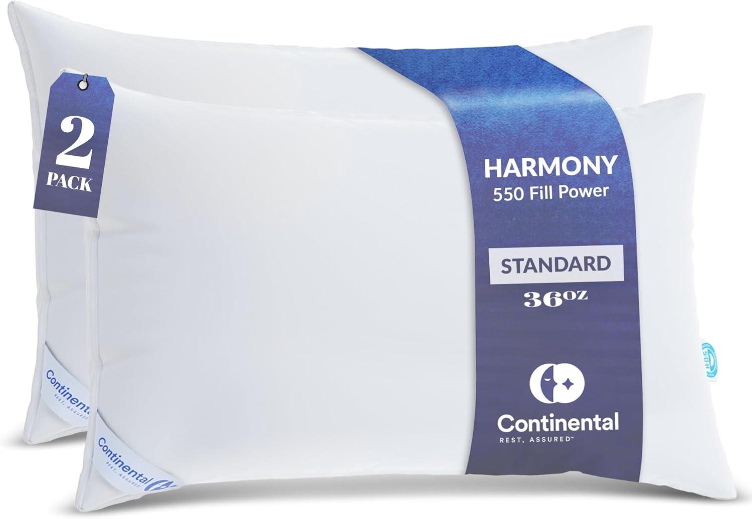ContinentalBedding Continental Bedding 2-Pack Firm Down Pillows, 550FP, 75% Down 25% Feather, 400TC Cotton Cover (Set of 2)