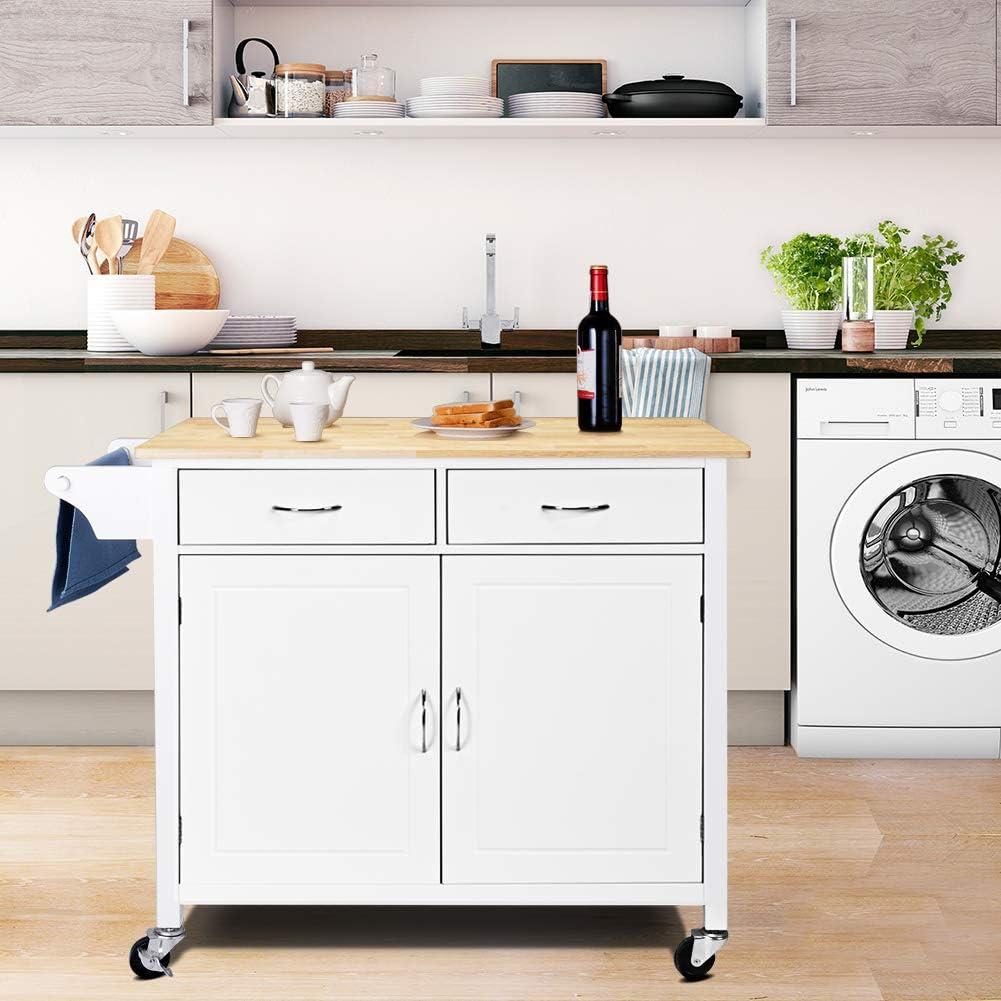 Costway Modern Rolling Kitchen Cart Island Wood Top Storage Trolley Cabinet Utility New White