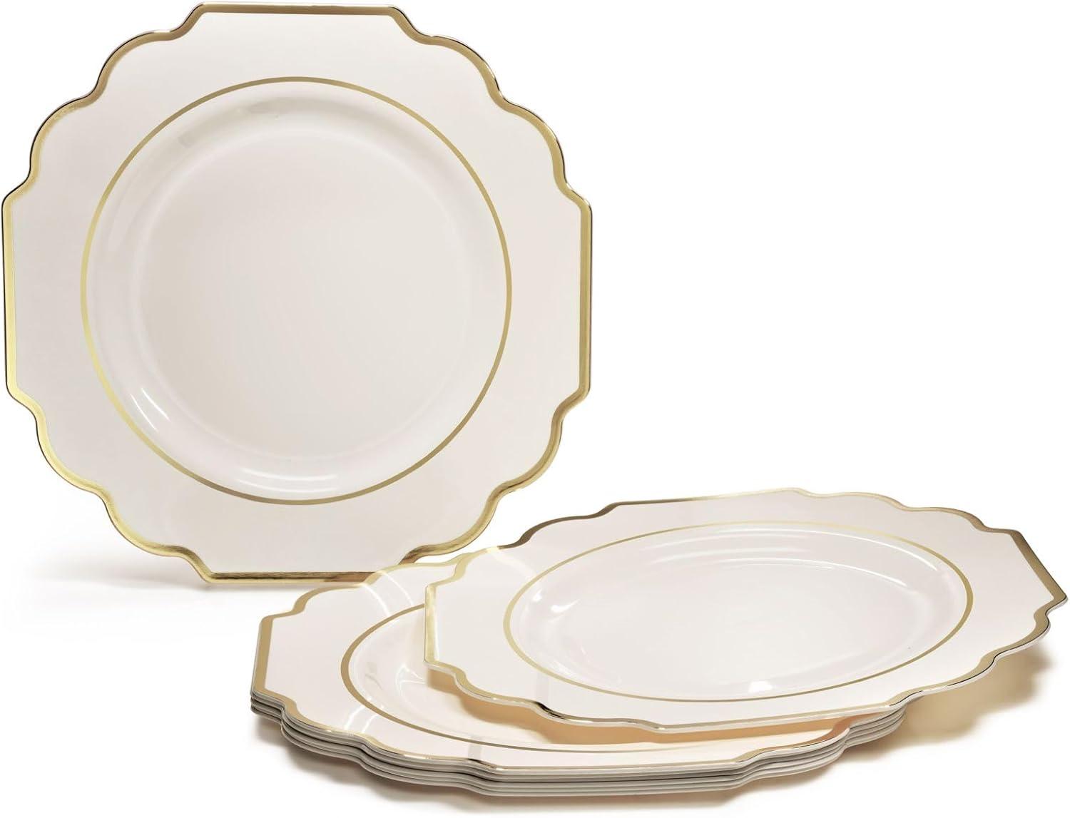Imperial Ivory and Gold Disposable Plastic Wedding Plates Set