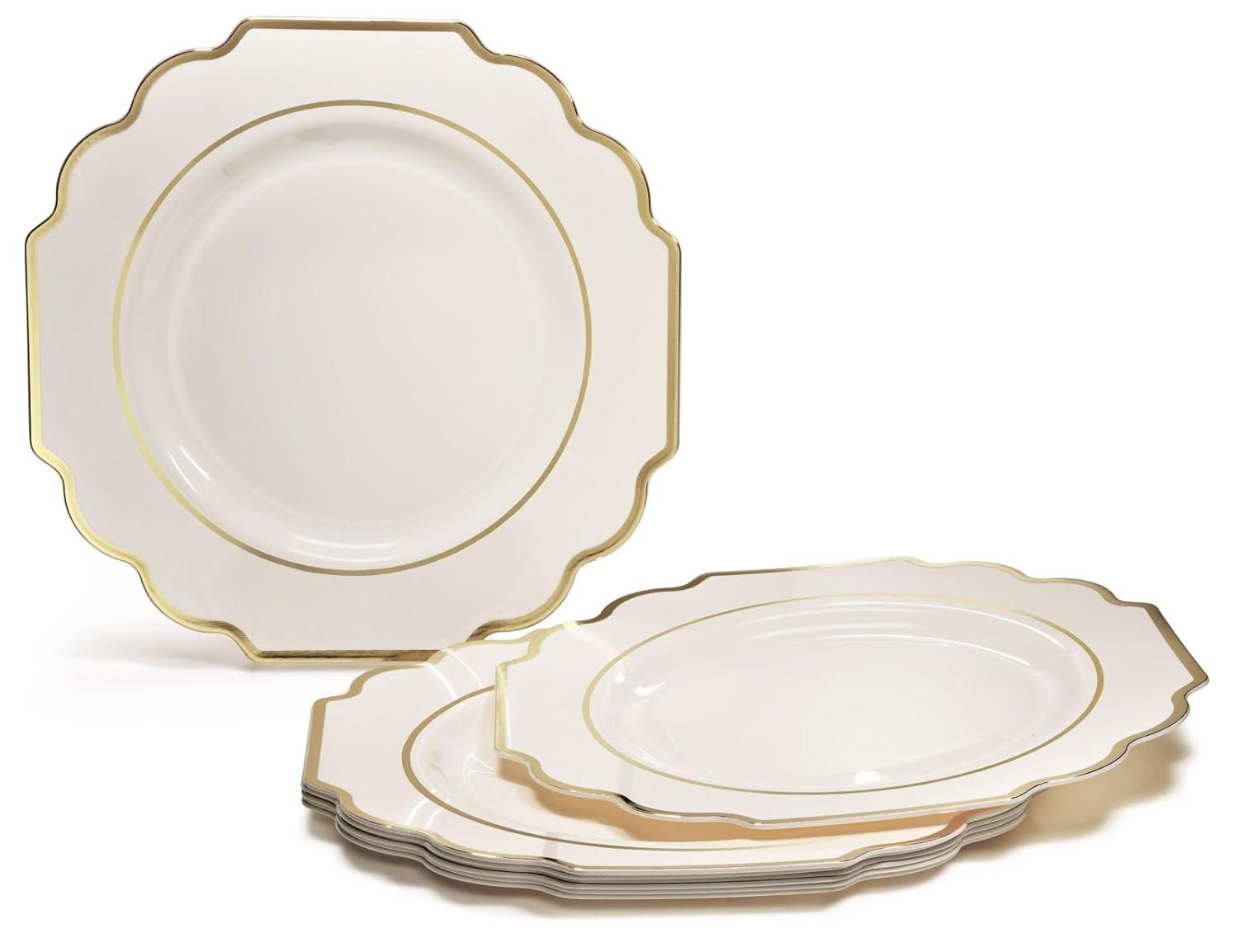 Imperial Ivory and Gold Disposable Plastic Wedding Plates Set