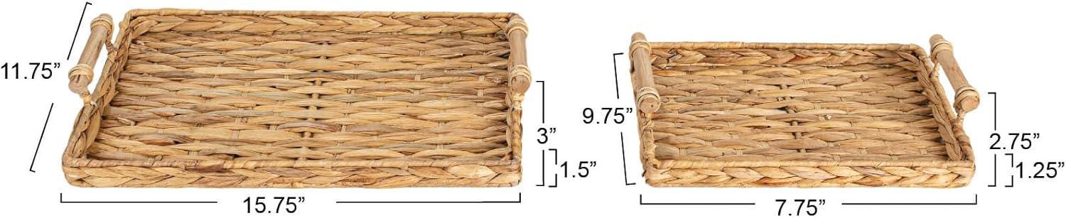 Natural Water Hyacinth Rectangular Tray Set with Wood Handles