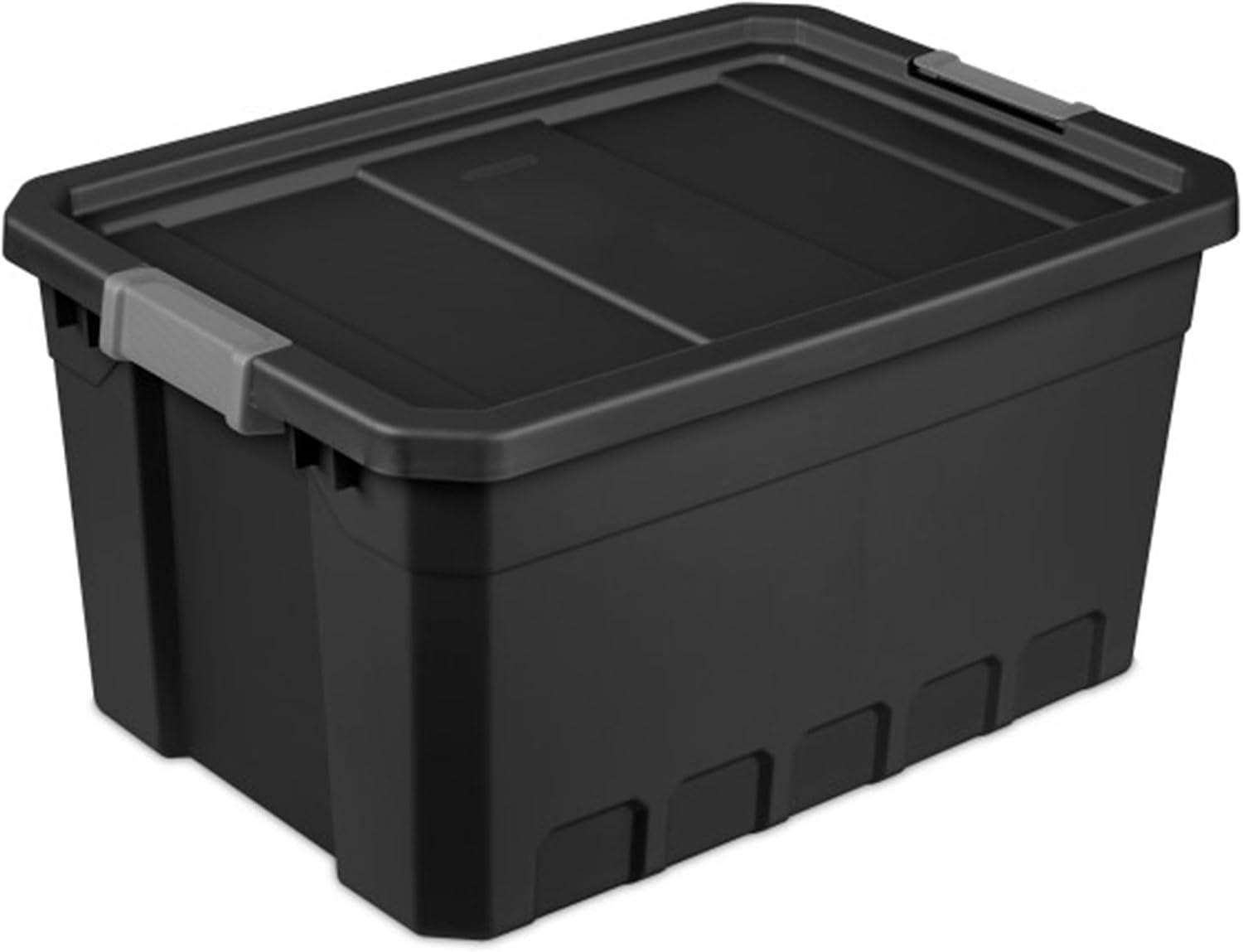 Sterilite 19 Gallon Plastic Stacker Tote, Heavy Duty Lidded Storage Bin Container for Stackable Garage and Basement Organization, Black, 12-Pack