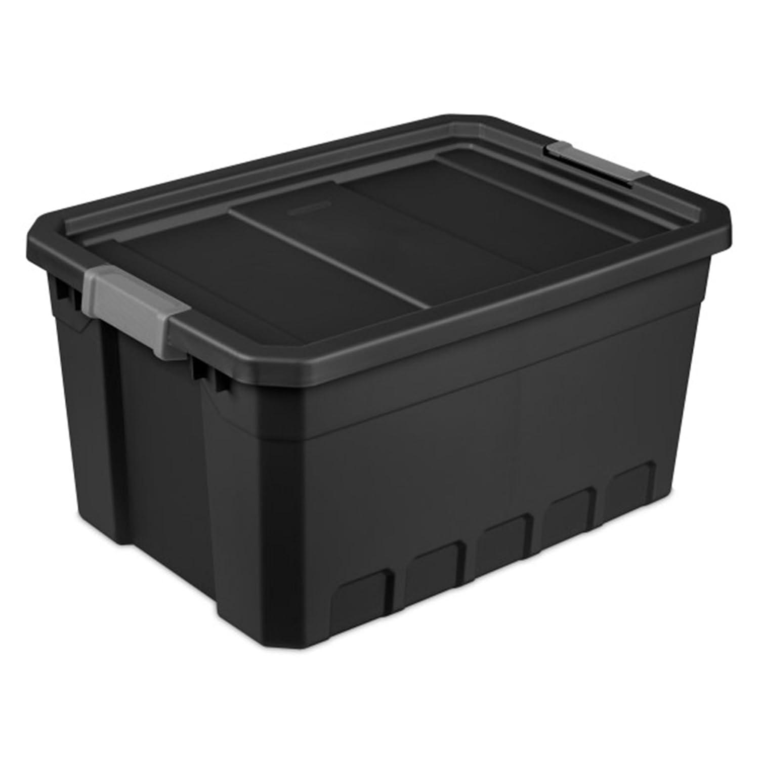 Sterilite 19 Gallon Plastic Stacker Tote, Heavy Duty Lidded Storage Bin Container for Stackable Garage and Basement Organization, Black, 12-Pack
