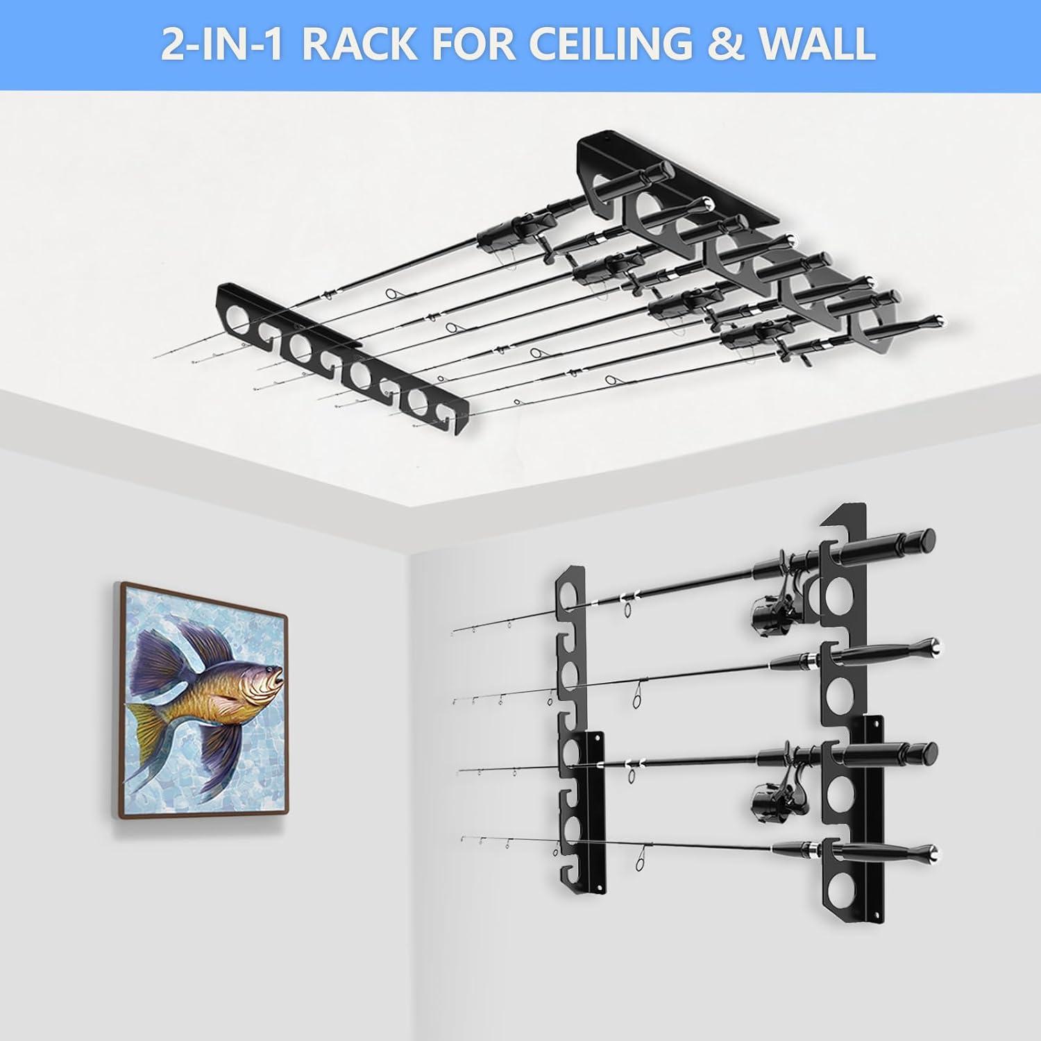 Butizone Fishing Rod Rack, Fishing Pole Wall or Ceiling Storage Rack Holder Wall Mount for Garage, Cabin and Basement, Holds 8 Fishing Rods Black