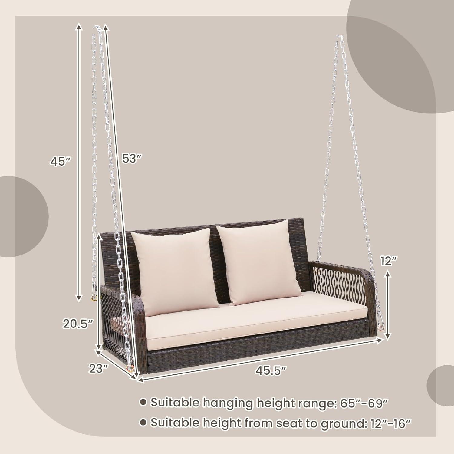Tangkula Wicker Outdoor Porch Swing 800 LBS Capacity Outdoor Swing Bench w/ Hanging Chains Beige