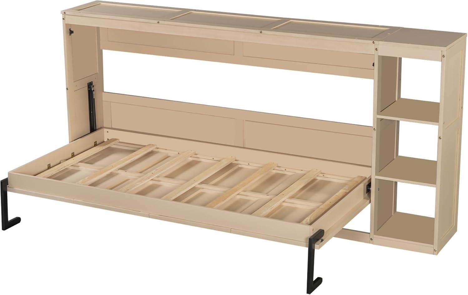 SOFTSEA Modern Murphy Bed Cabinet Bed with Bookshelf, Twin Size Foldable Platform Bed Frame with Storage Racks, for Home Guest Room Small Room, Natural