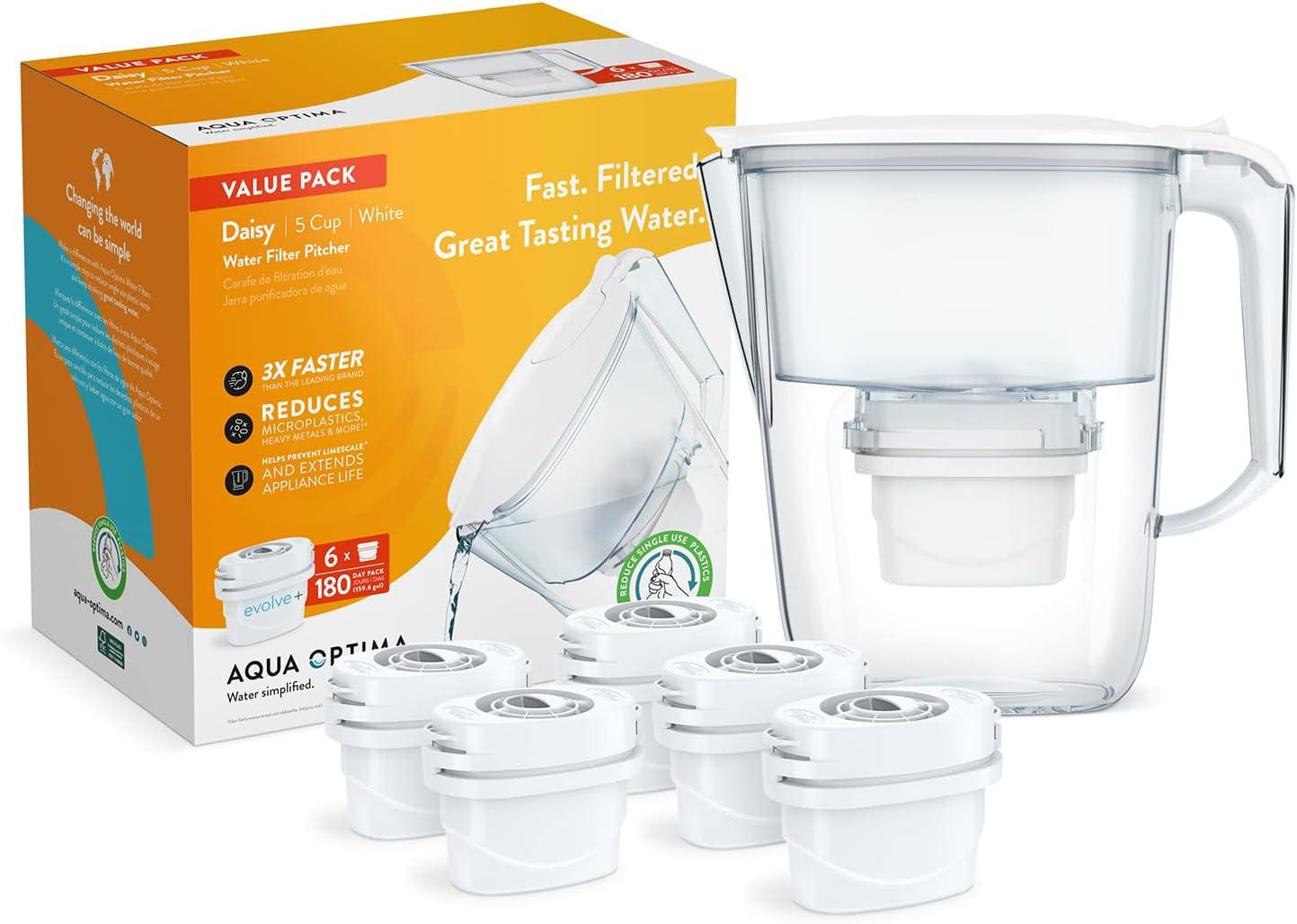 Aqua Optima Water Filter Pitcher Value Pack For Tap And Drinking Water With 6 Evolve+ Filter, Bpa Free, Wqa Certified, Daisy Design (white)