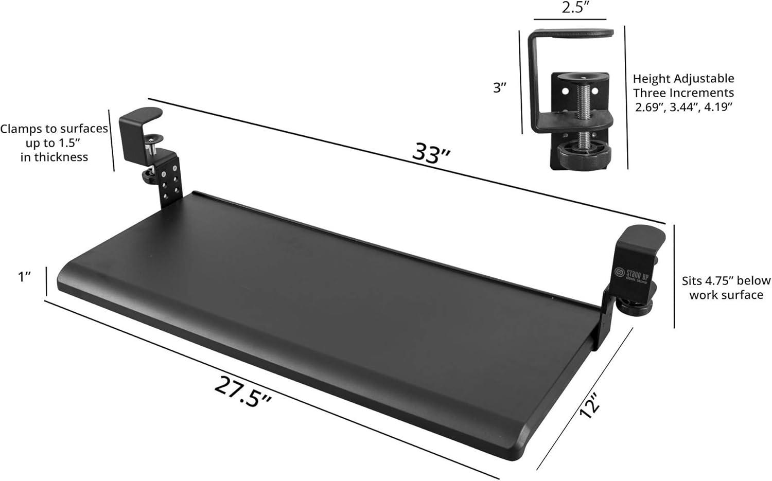 Stand Up Desk Store Clamp-On Retractable Adjustable Keyboard Tray / Under Desk Keyboard Tray | Increase Comfort And Usable Desk Space | For Desks Up To 1.5"