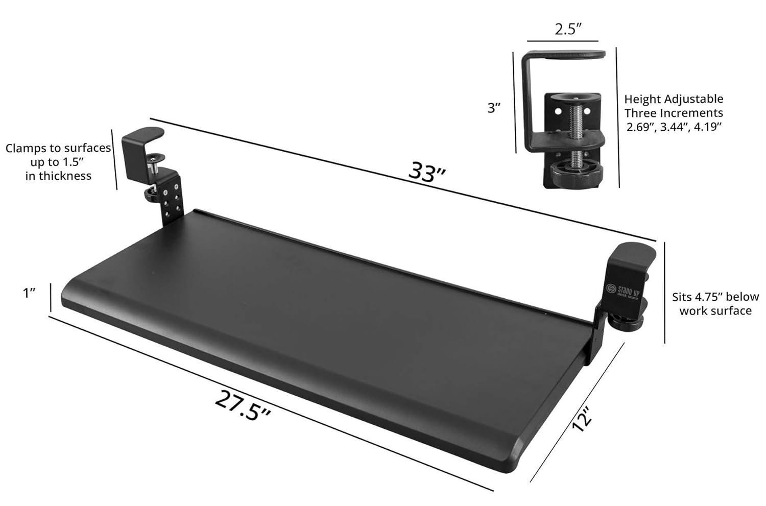 Stand Up Desk Store Large Clamp-On Retractable Adjustable Height Under Desk Keyboard Tray | for Desks Up to 1.5" (Large, 33" Wide)