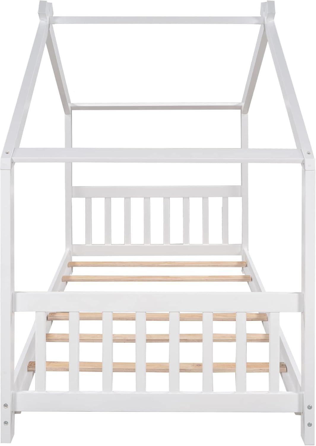 Harper & Bright Designs Twin House Bed for Kids, Floor Frame With Headboard and Footboard, Wooden Montessori Bed for Girls, Boys, White