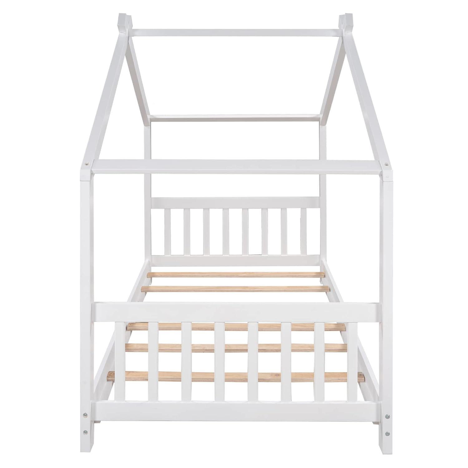 Harper & Bright Designs Twin House Bed for Kids, Floor Frame With Headboard and Footboard, Wooden Montessori Bed for Girls, Boys, White