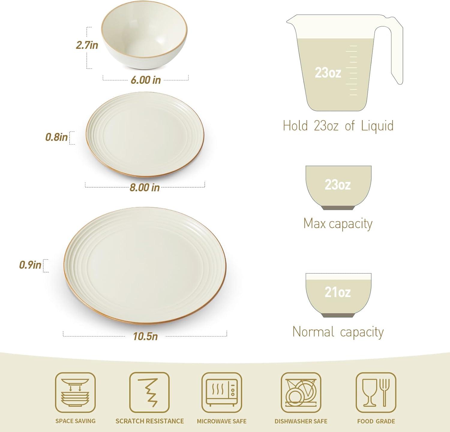 Famiware Jupiter 12 Piece Stoneware Dinnerware Set, Plates and Bowls Set for 4, Vanilla White