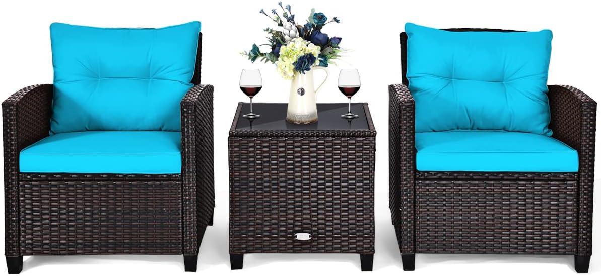 Giantex 3 Pieces Patio Furniture Set, PE Rattan Wicker 3 Pcs Outdoor Sofa Set w/Washable Cushion and Tempered Glass Tabletop, Conversation Furniture for Garden Poolside Balcony (Turquosize)