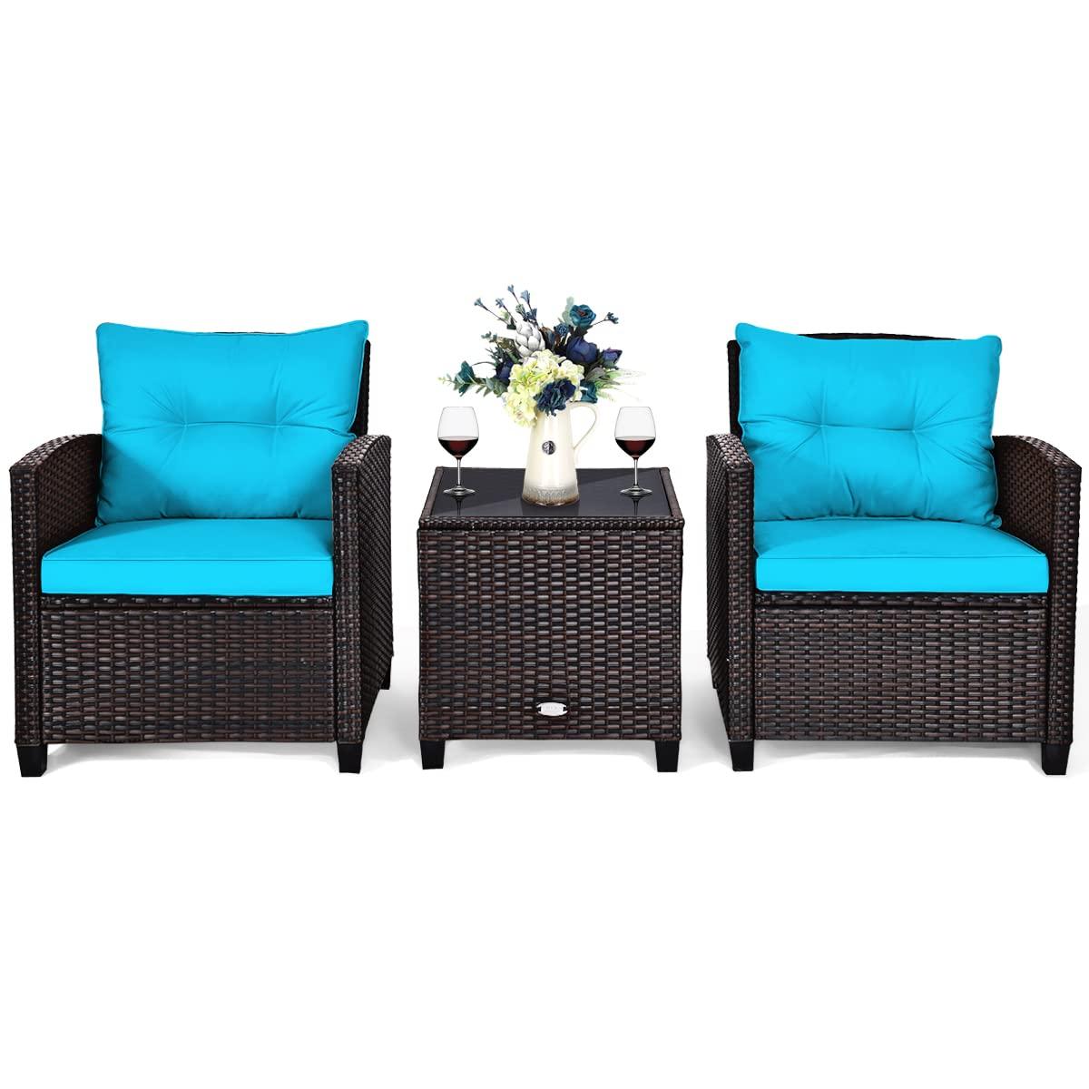 Giantex 3 Pieces Patio Furniture Set, PE Rattan Wicker 3 Pcs Outdoor Sofa Set w/Washable Cushion and Tempered Glass Tabletop, Conversation Furniture for Garden Poolside Balcony (Turquosize)