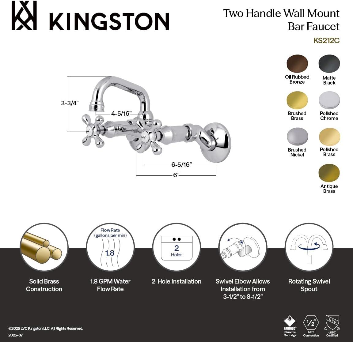 Kingston Brass Kingston Brass Kingston Two-Handle 2-Hole Wall Mount Bar Faucet KS212SB