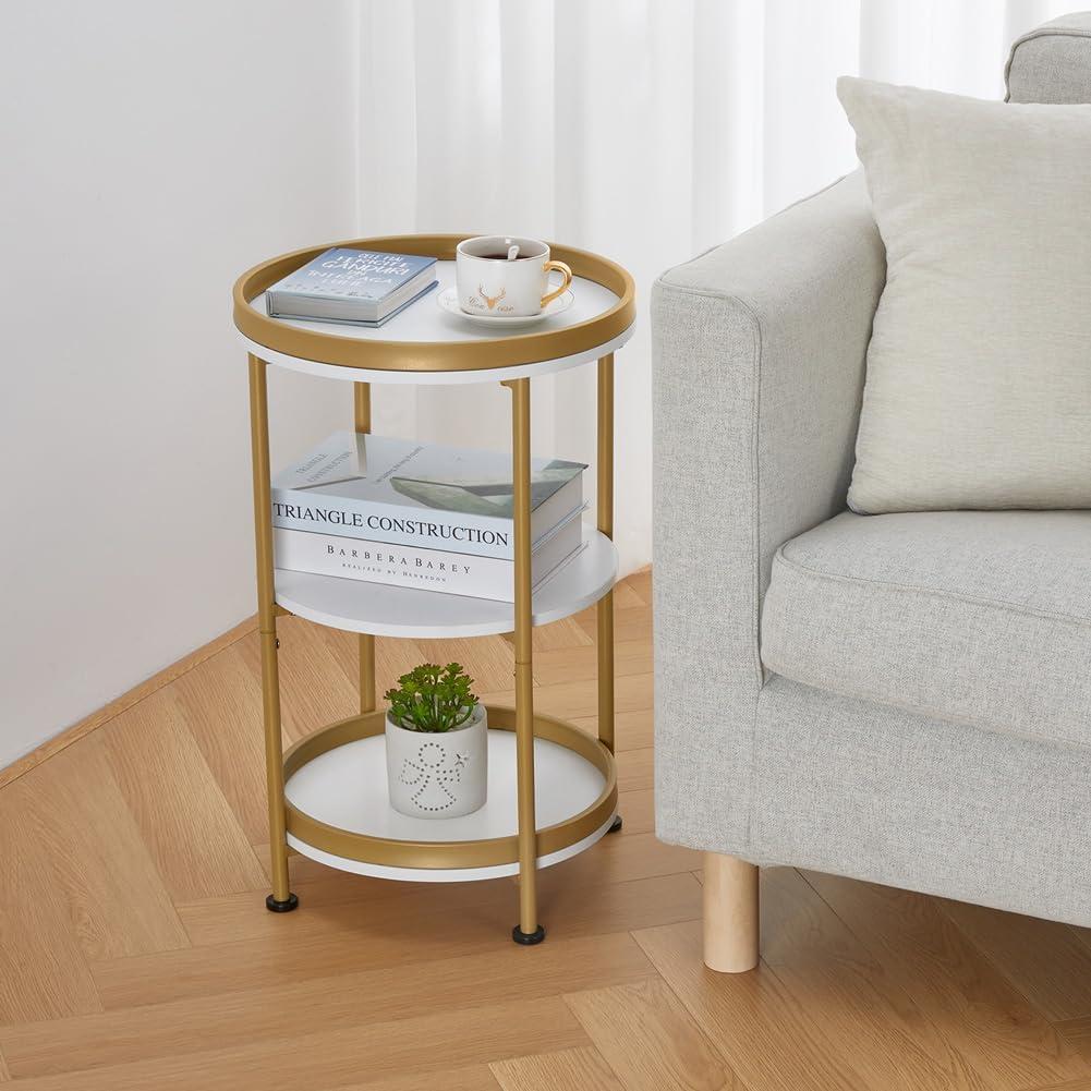 White and Gold Round End Table with 3 Shelves